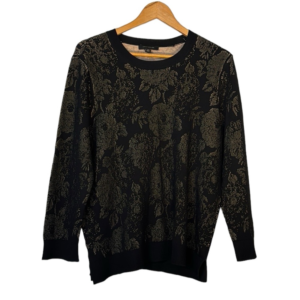 Ann Taylor Floral Lace Long Sleeve Fitted Sweater Size XXL Black Tan 3/4 Sleeve